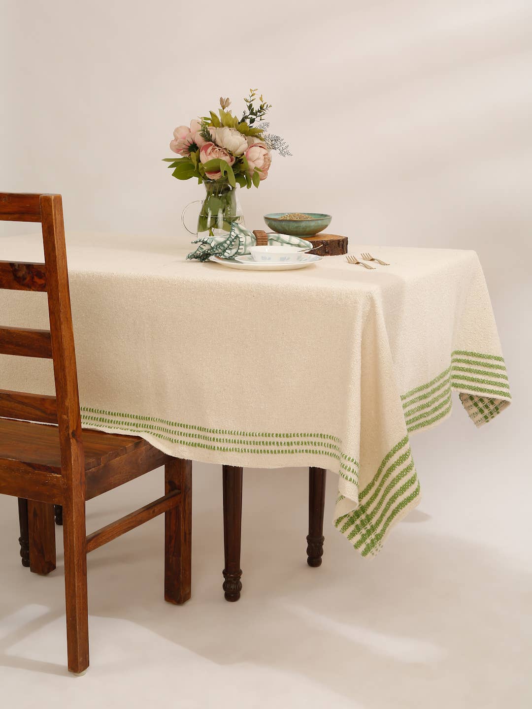 Natural & Green Cotton Boucle Handmade Table Cover