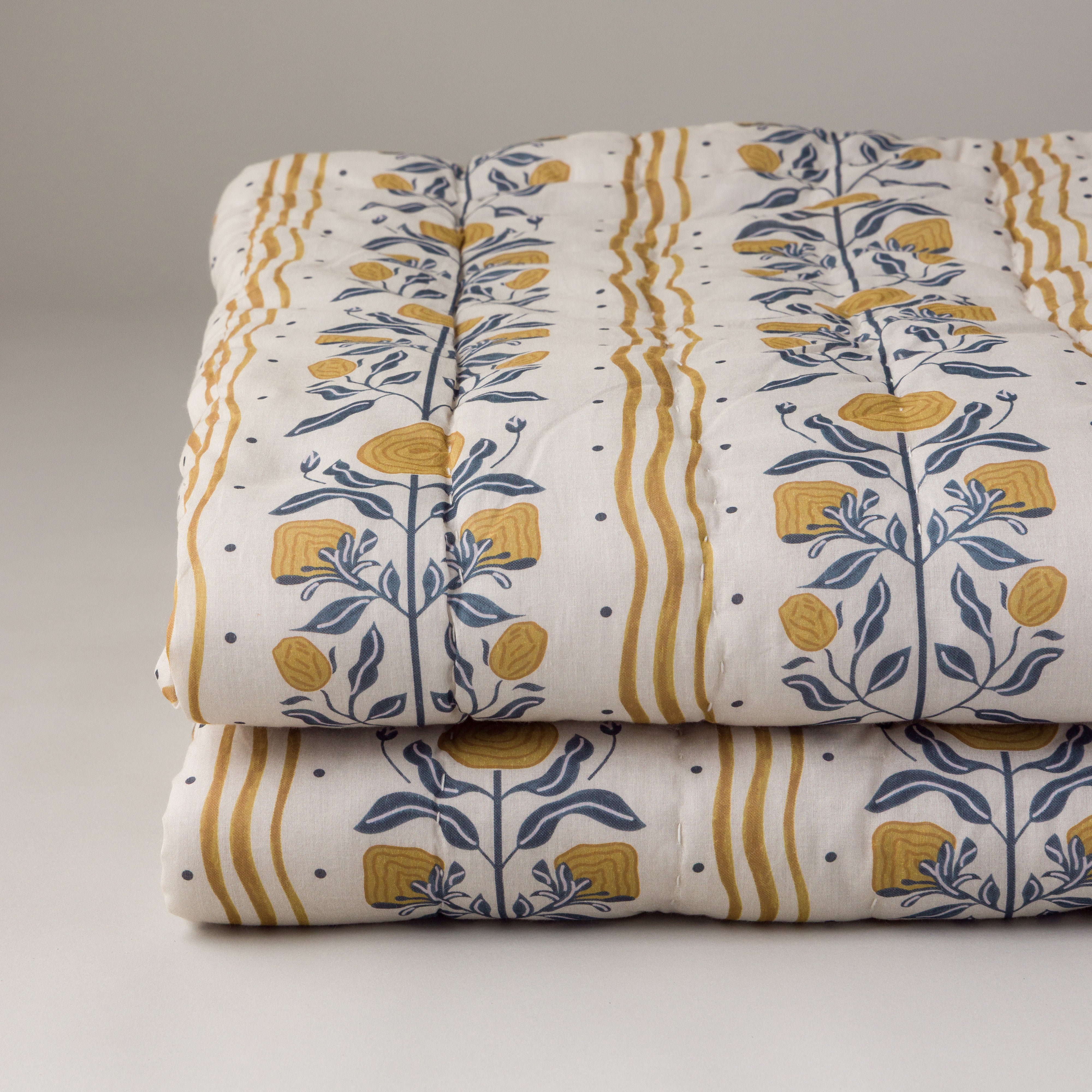 Floral Thistle Stripe Reversible Cotton Quilt