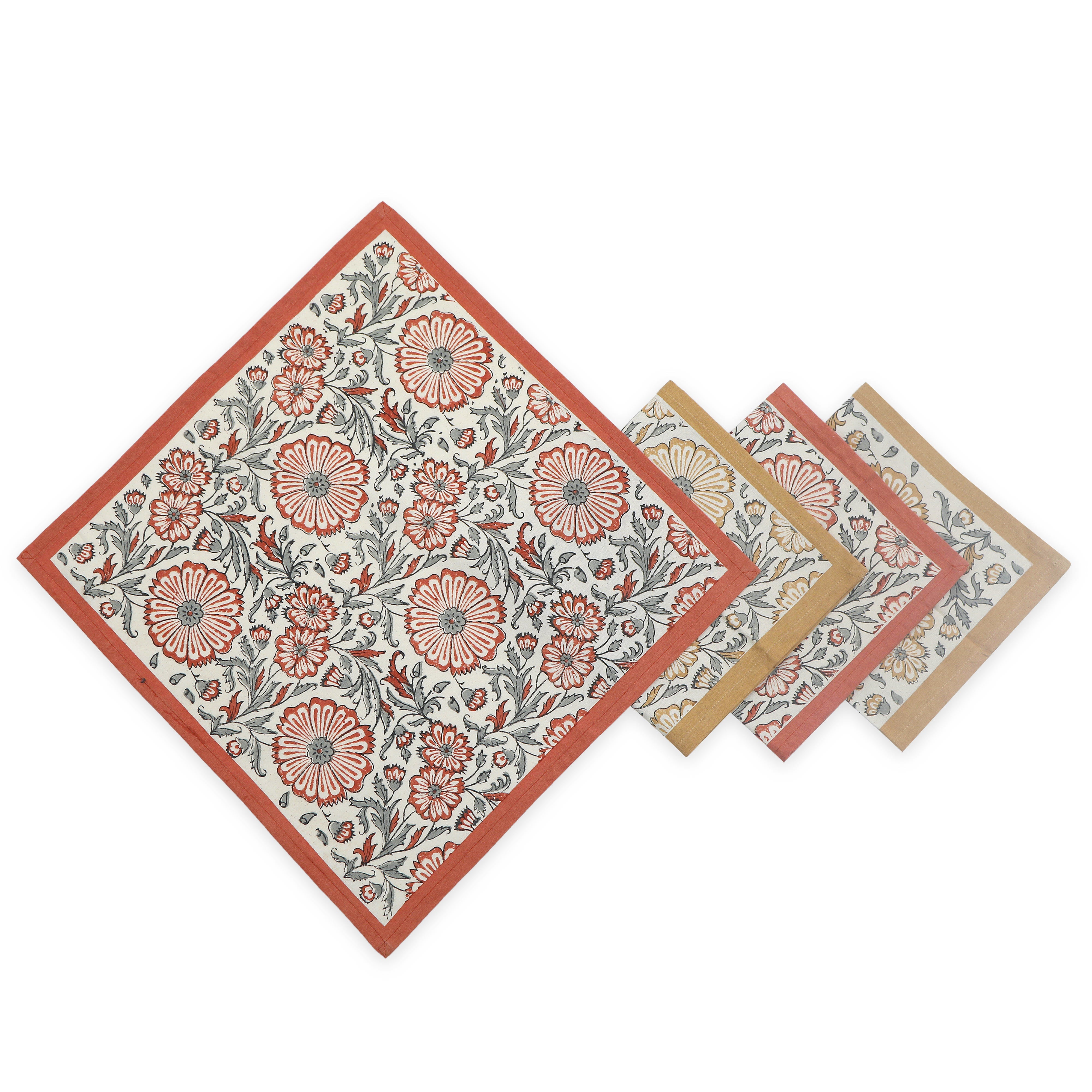 Hand Block Printed Cotton Napkins, Set of 4 | 18" × 18" | Fair Trade | Bloom