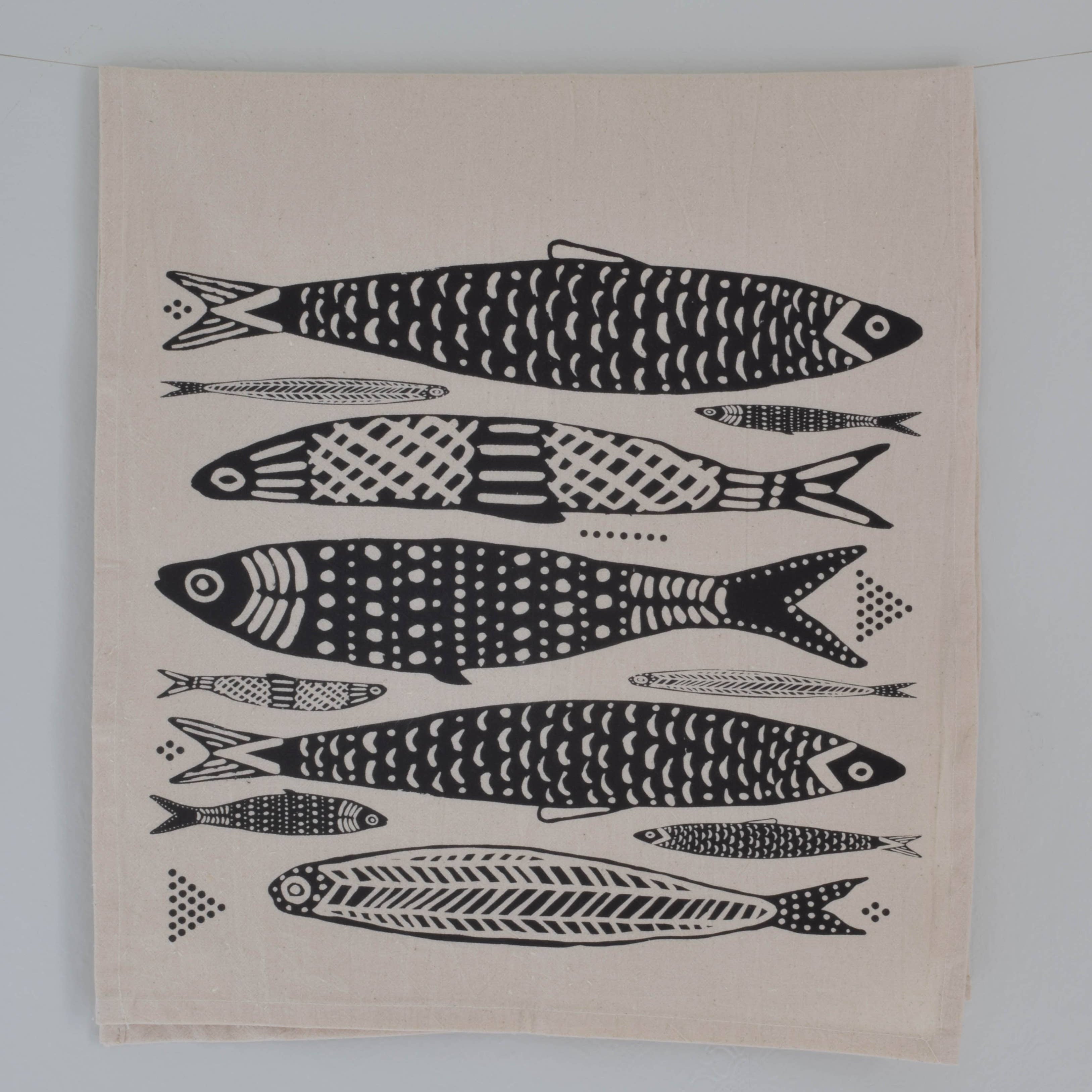 Sardines Tea Towel in Black - Organic Cotton - Fish Print