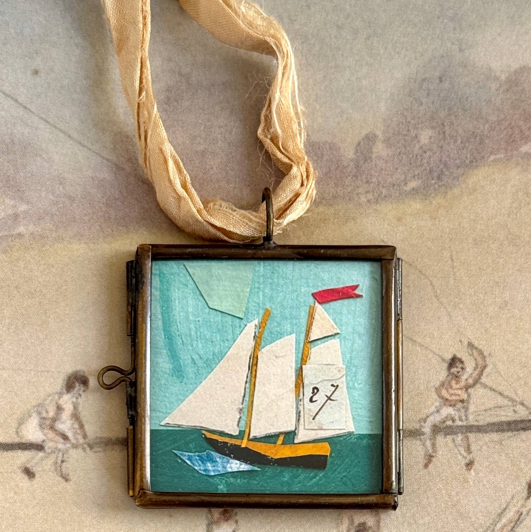 Small Sail ~ Art Locket Ornament Nautical Boat Handmade
