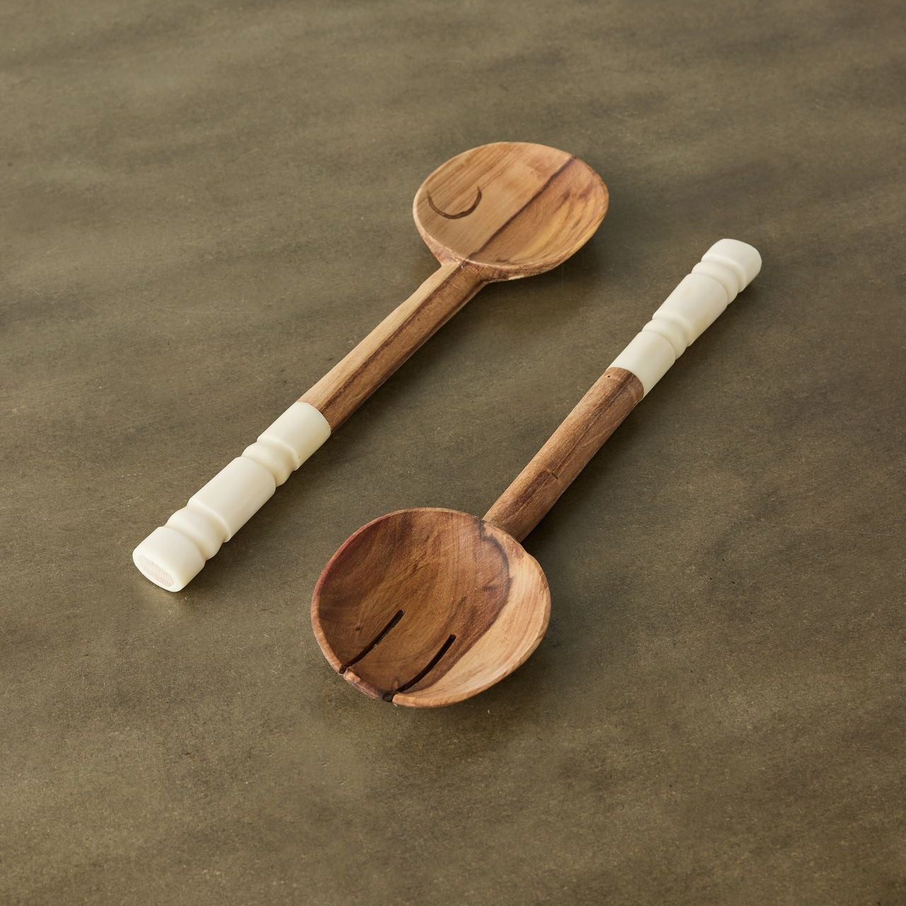 Olive Wood Salad Servers with Polished Bone Handles
