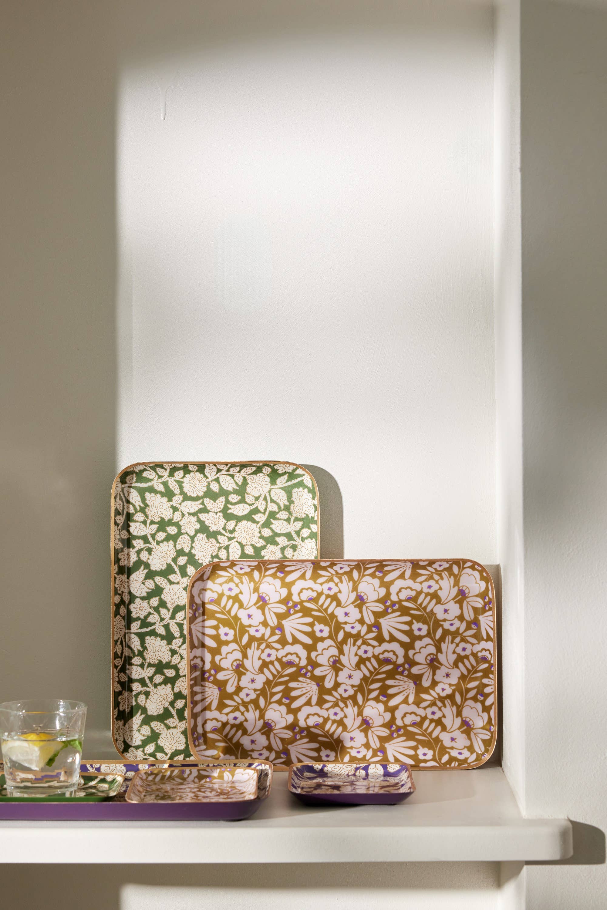 Bohemian chic floral tray in Jaya Green enamelled metal