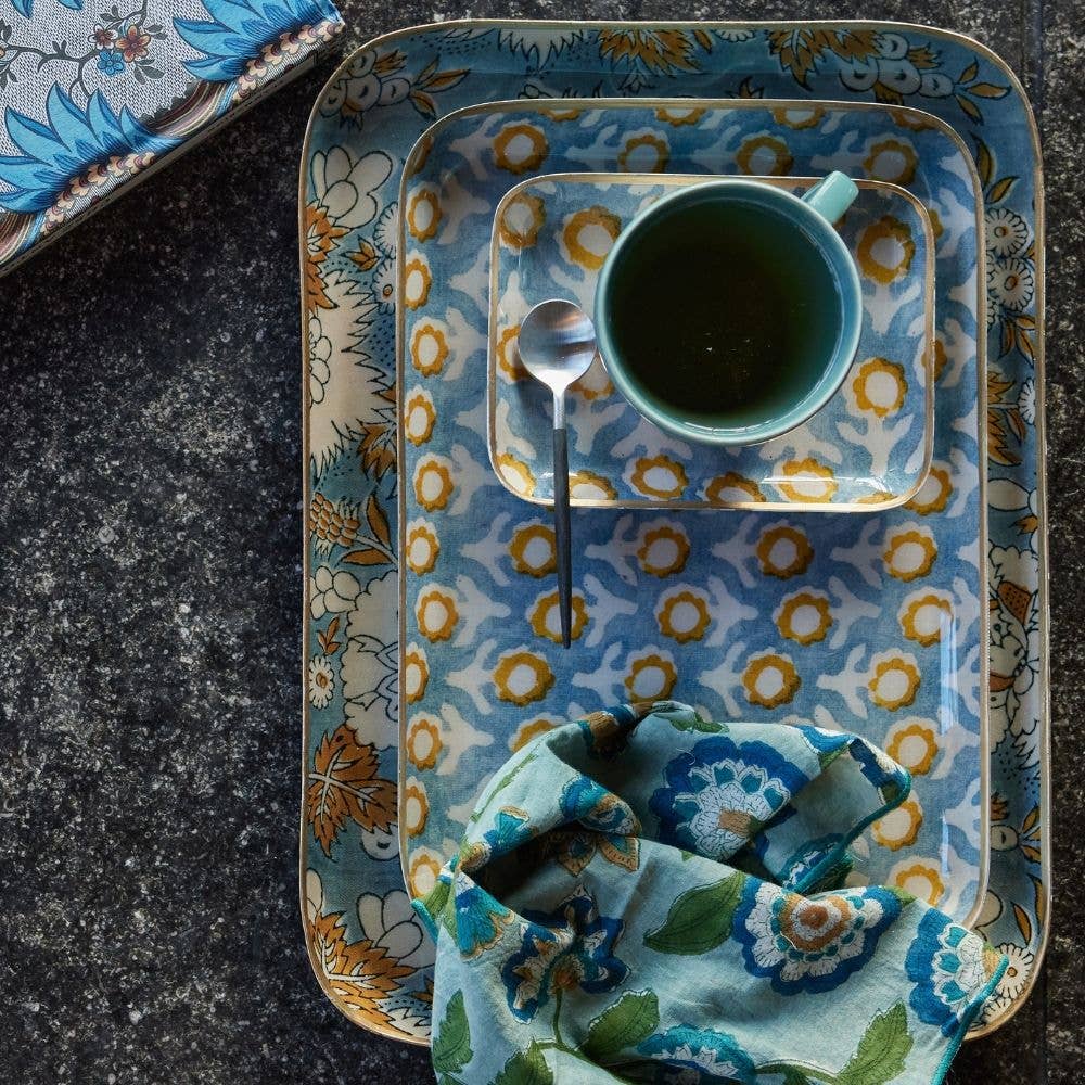 Bohemian Chic Tray with Enamelled Metal Flowers Isha Blue