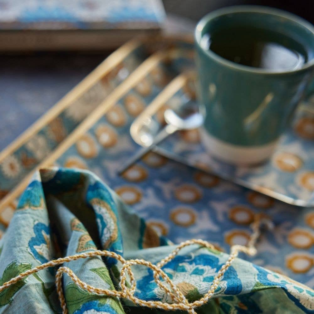 Bohemian Chic Tray with Enamelled Metal Flowers Isha Blue