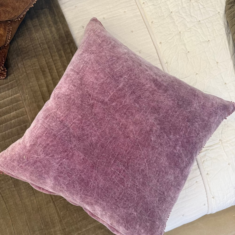 Velvet Pillow With Poms - 22"x22