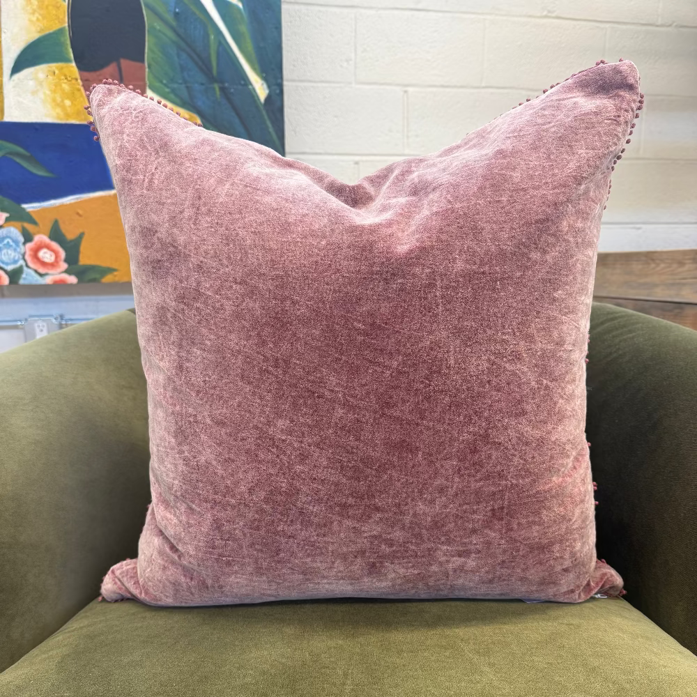 Velvet Pillow With Poms - 22"x22