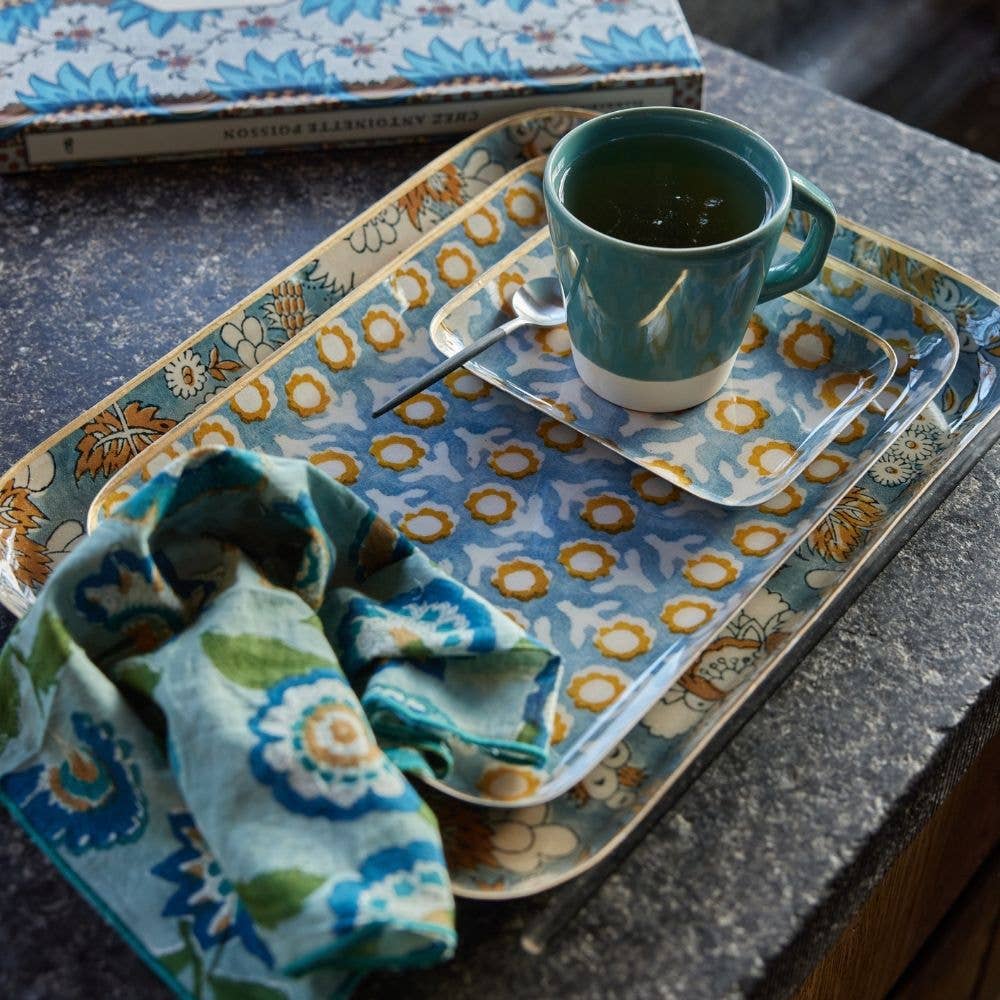 Bohemian Chic Tray with Enamelled Metal Flowers Isha Blue