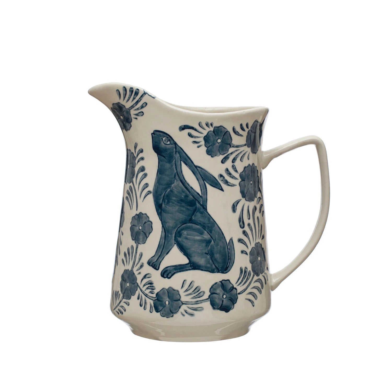 3 Quart Hand Painted Stoneware Pitcher w/Rabbit and Flowers