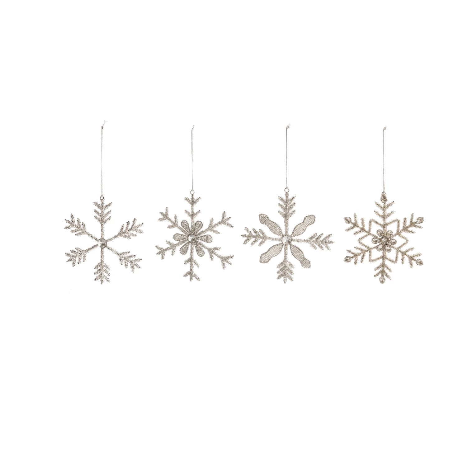 Metal & Glass Bead Snowflake Ornament, Silver Finish