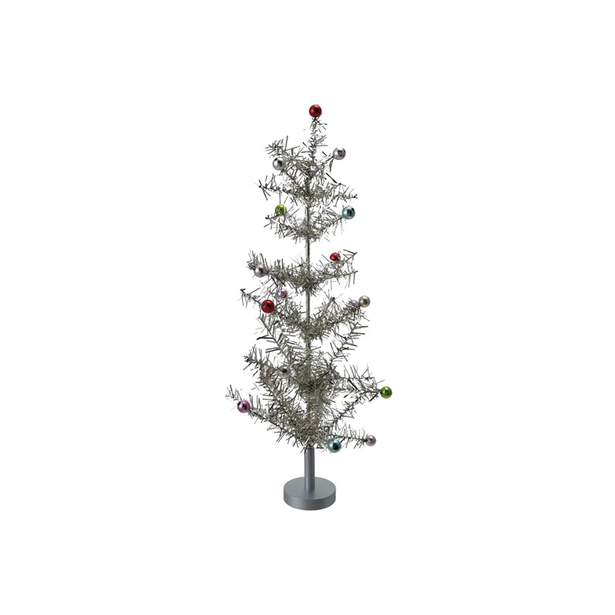 Tinsel Tree with Multi Color Ball Ornaments - Silver Finish