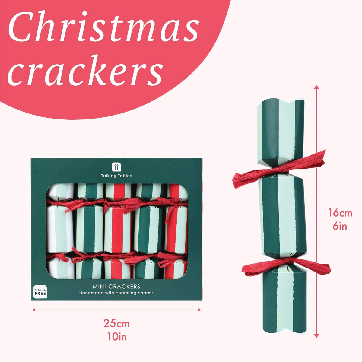 Red & Green Striped Mini Christmas Crackers - 6 Pack