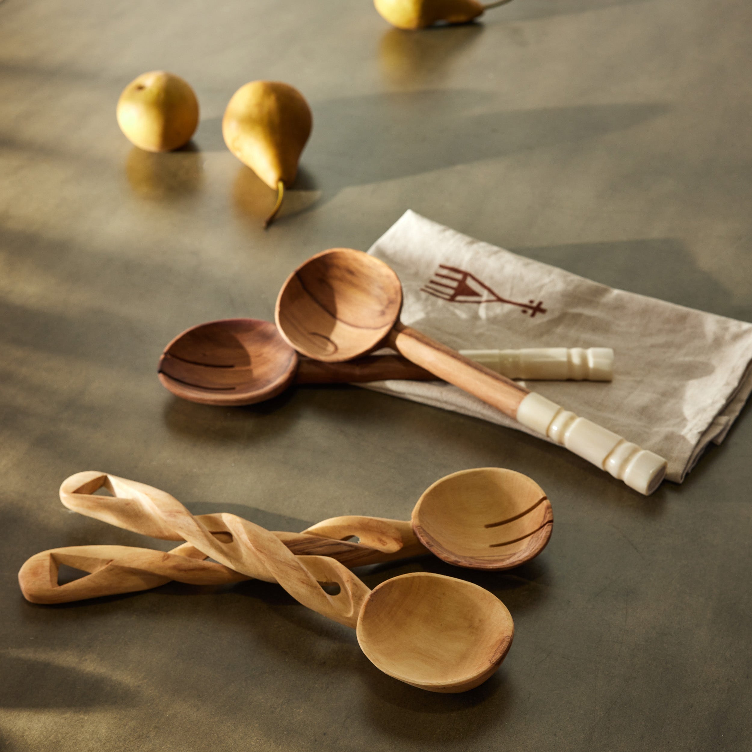 Olive Wood Salad Servers with Polished Bone Handles