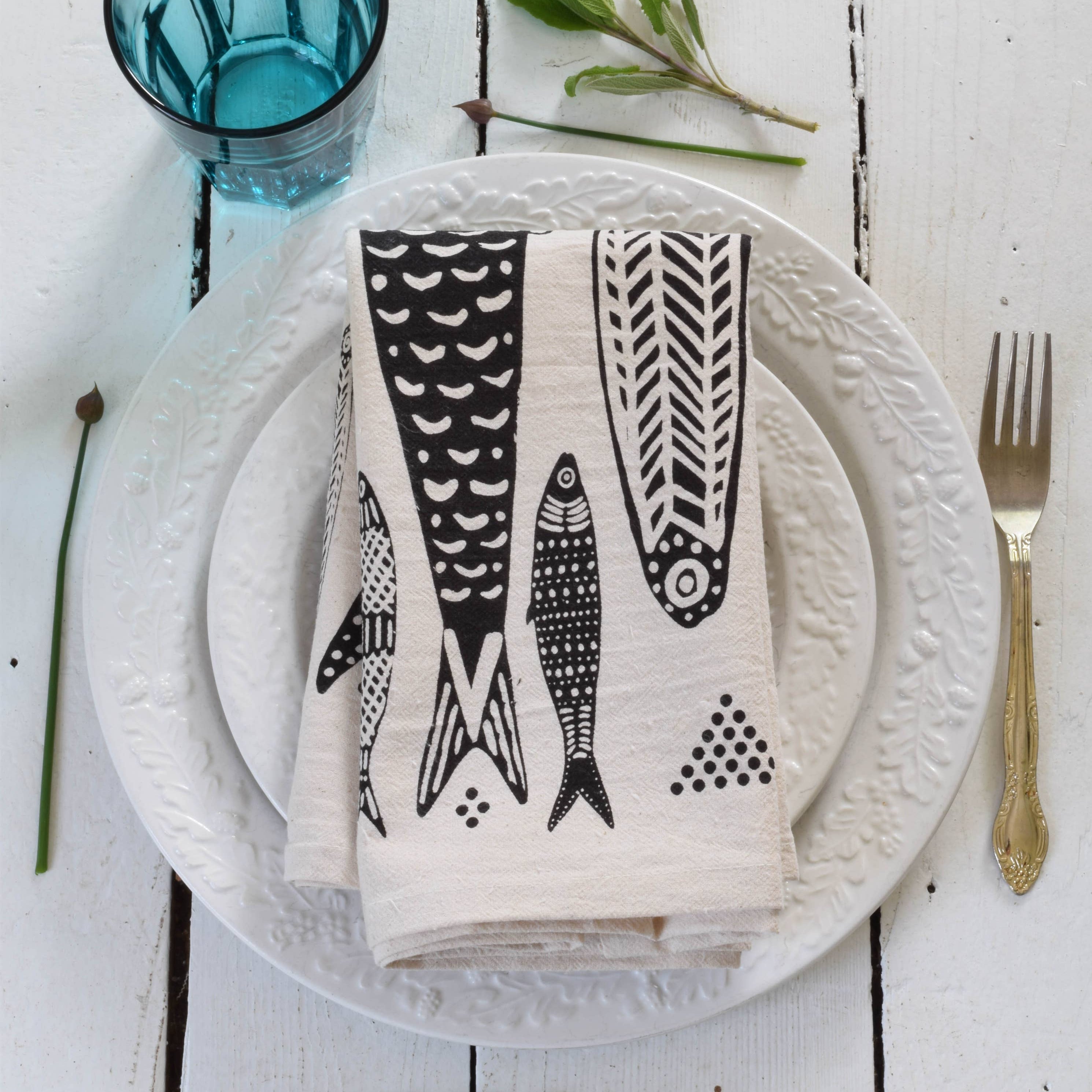 Sardines Tea Towel in Black - Organic Cotton - Fish Print