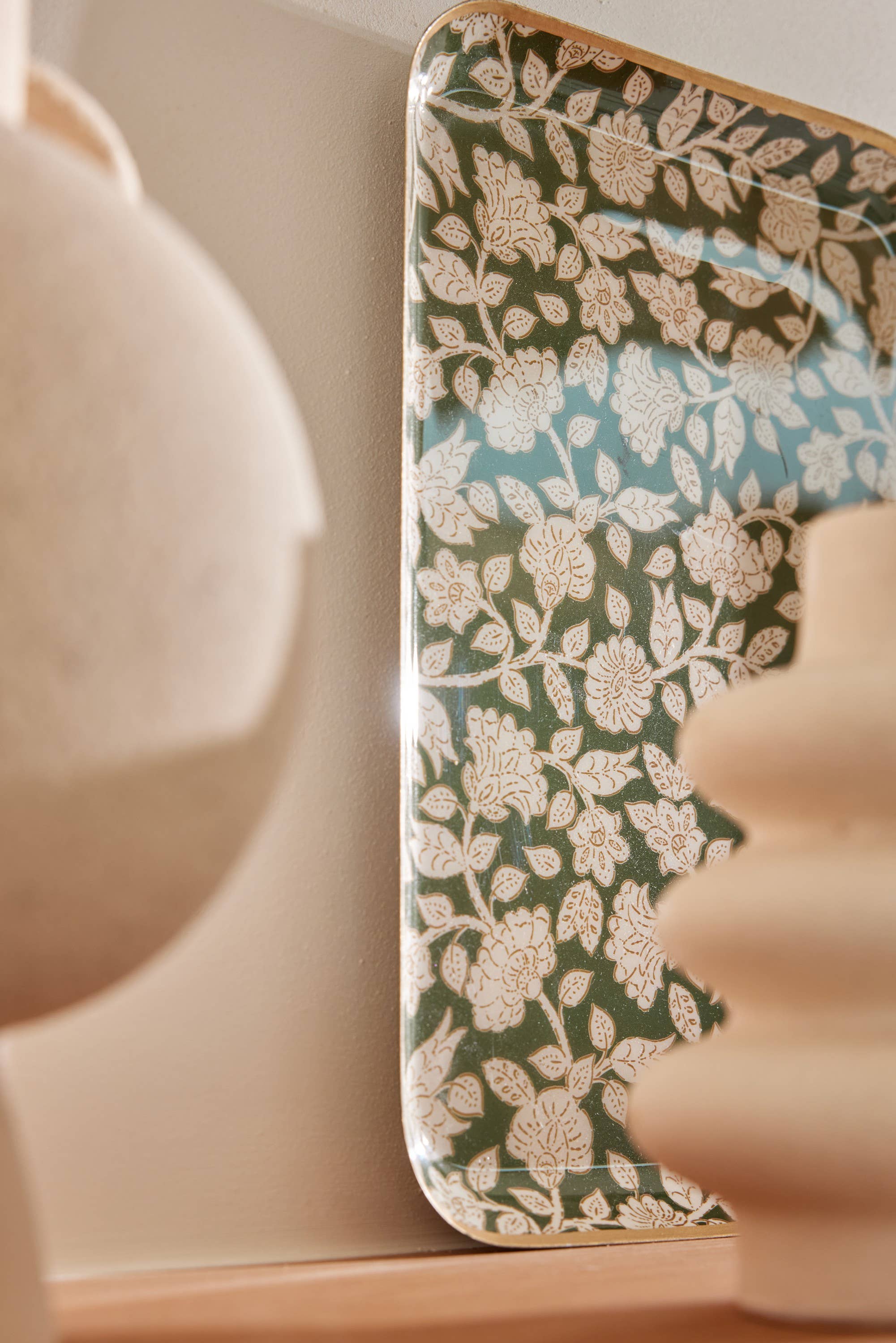 Bohemian chic floral tray in Jaya Green enamelled metal