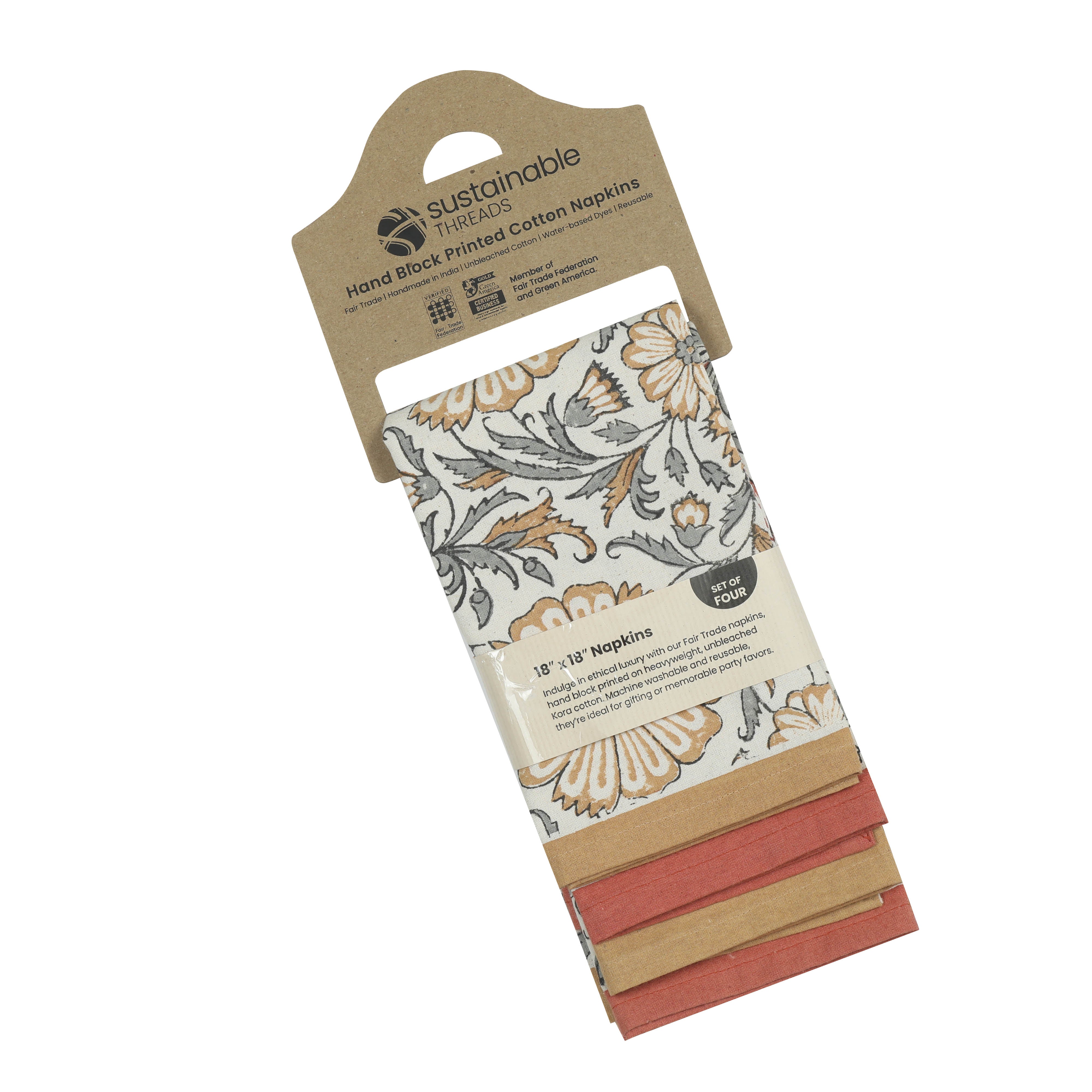 Hand Block Printed Cotton Napkins, Set of 4 | 18" × 18" | Fair Trade | Bloom