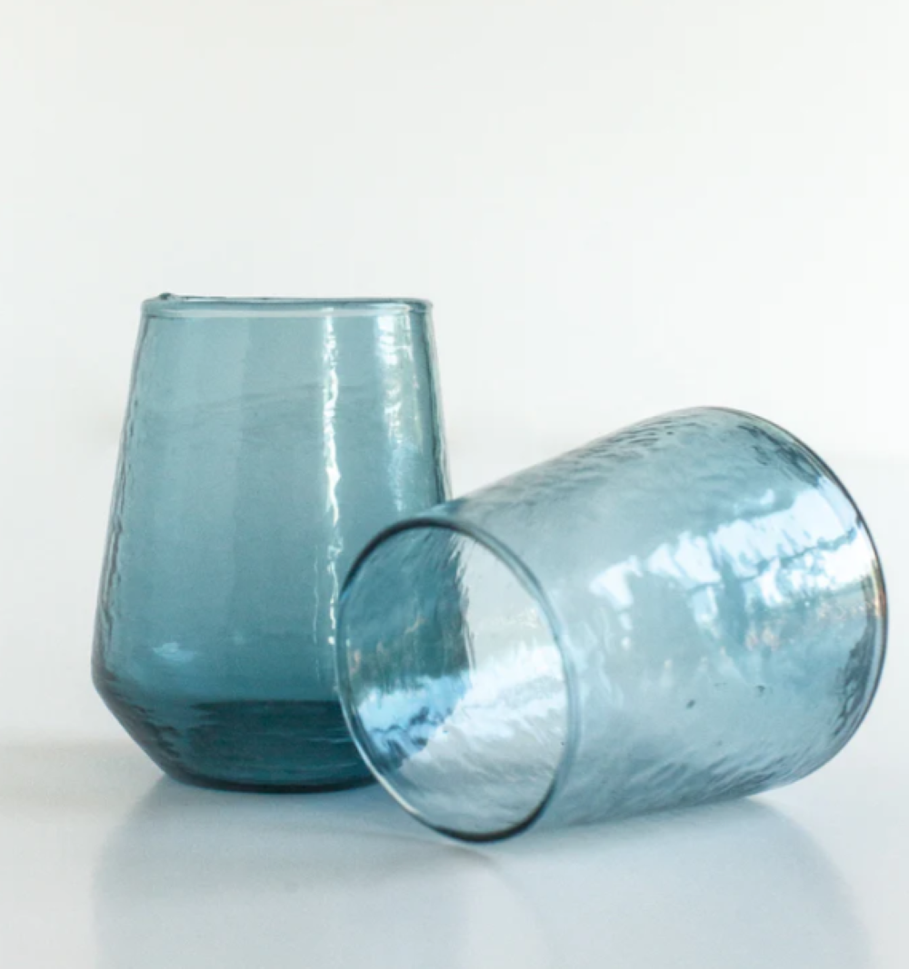 S/4 Handblown Hammered Glass Water Tumbler- Blue