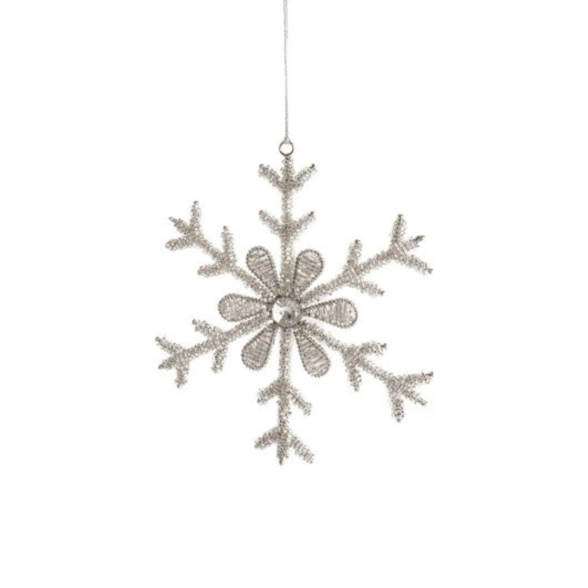 Metal & Glass Bead Snowflake Ornament, Silver Finish