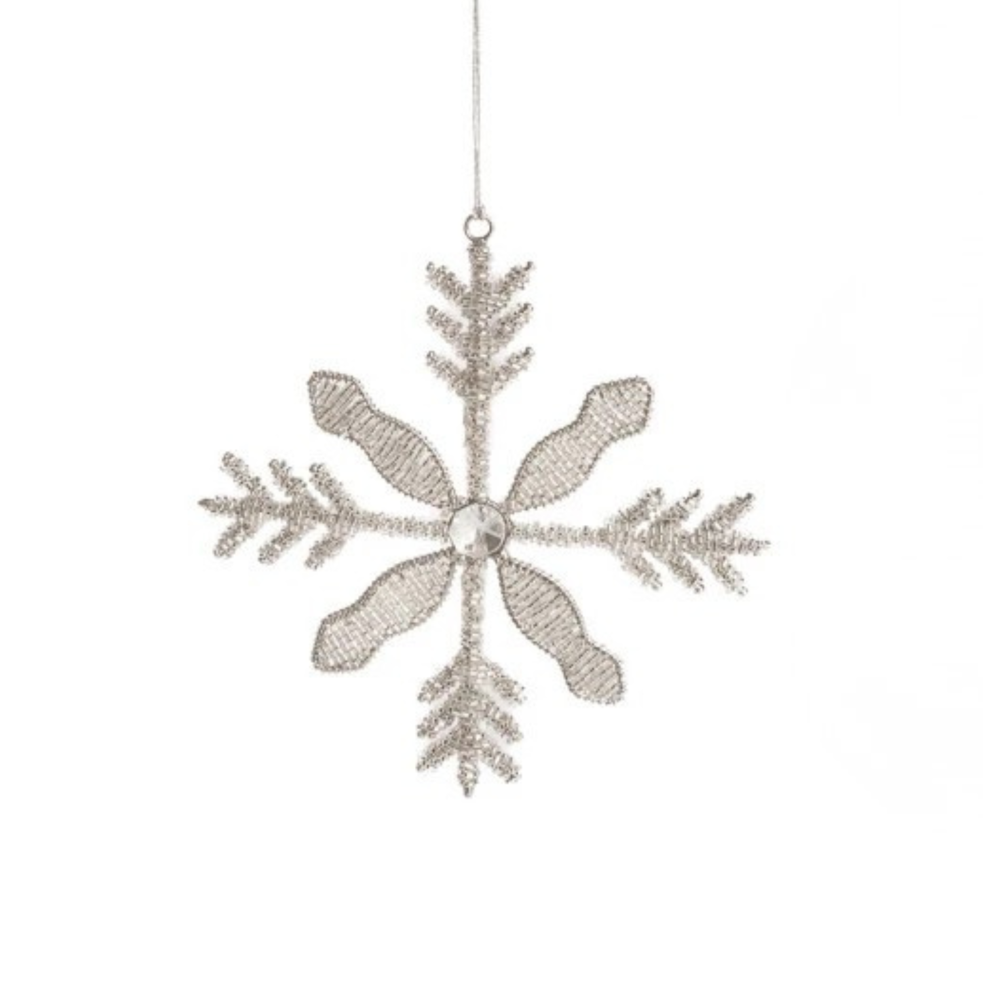 Metal & Glass Bead Snowflake Ornament, Silver Finish