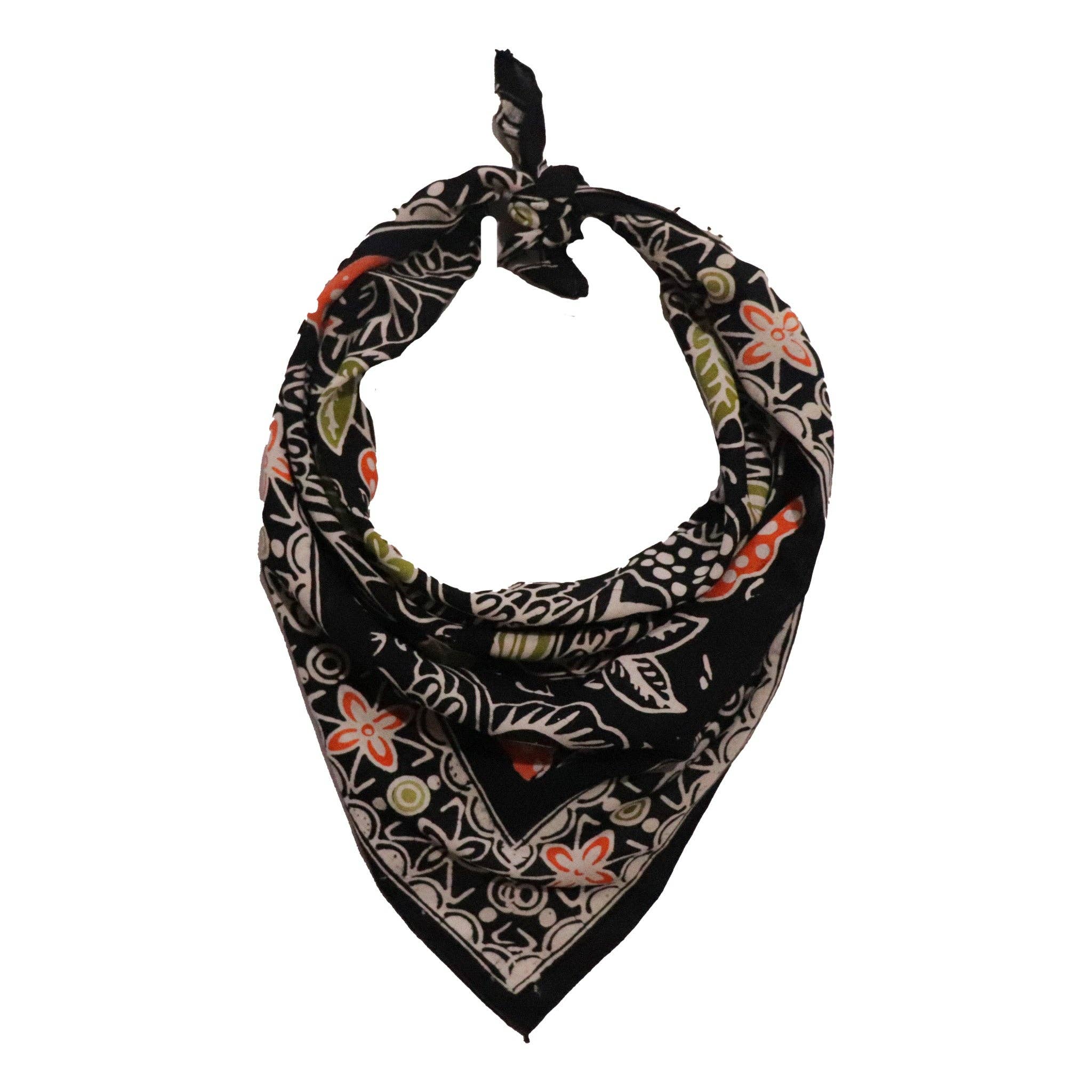 Hand Dyed Batik Bandana, 100% Soft Cotton, Dusk Petals, Black, Orange