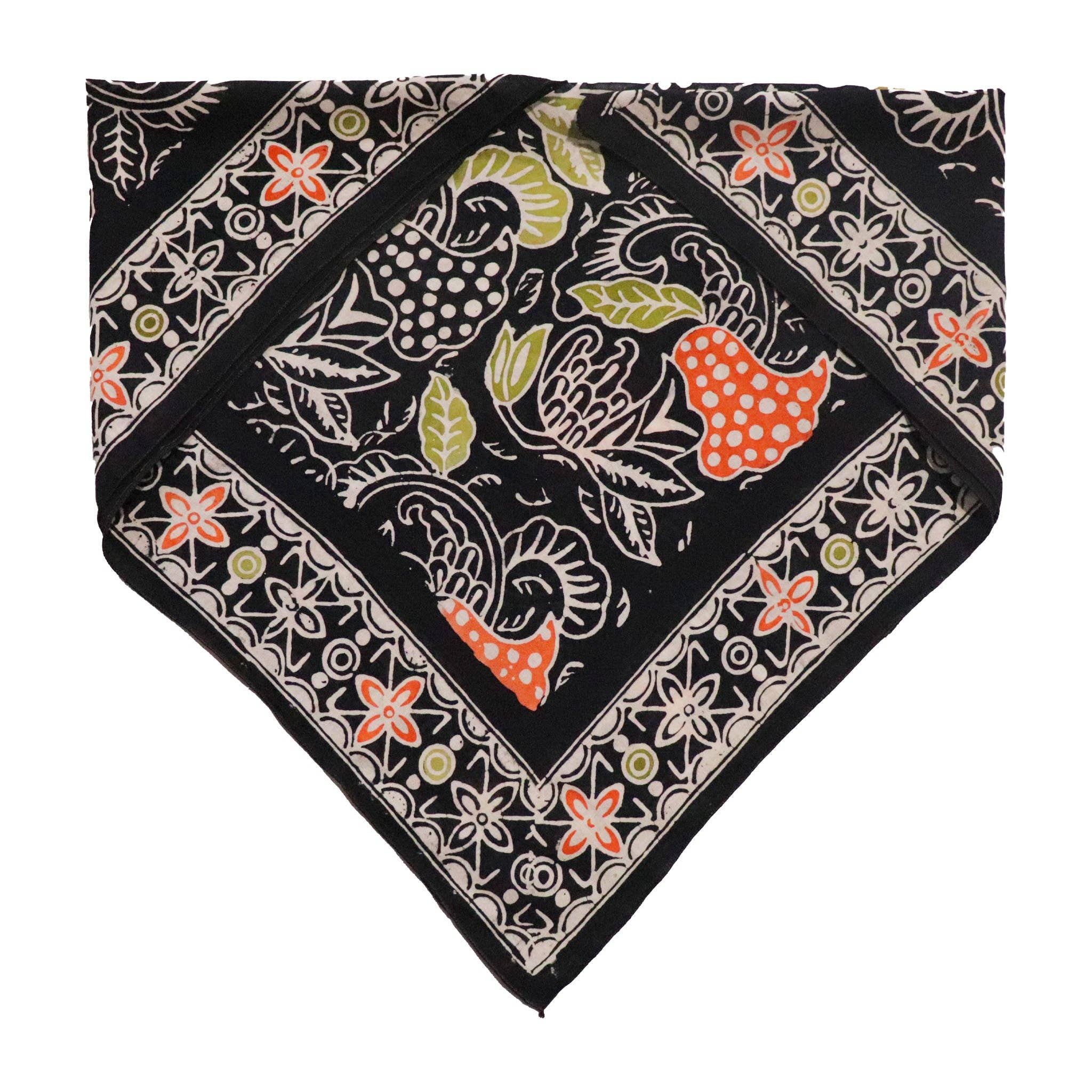 Hand Dyed Batik Bandana, 100% Soft Cotton, Dusk Petals, Black, Orange