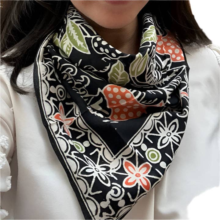 Hand Dyed Batik Bandana, 100% Soft Cotton, Dusk Petals, Black, Orange