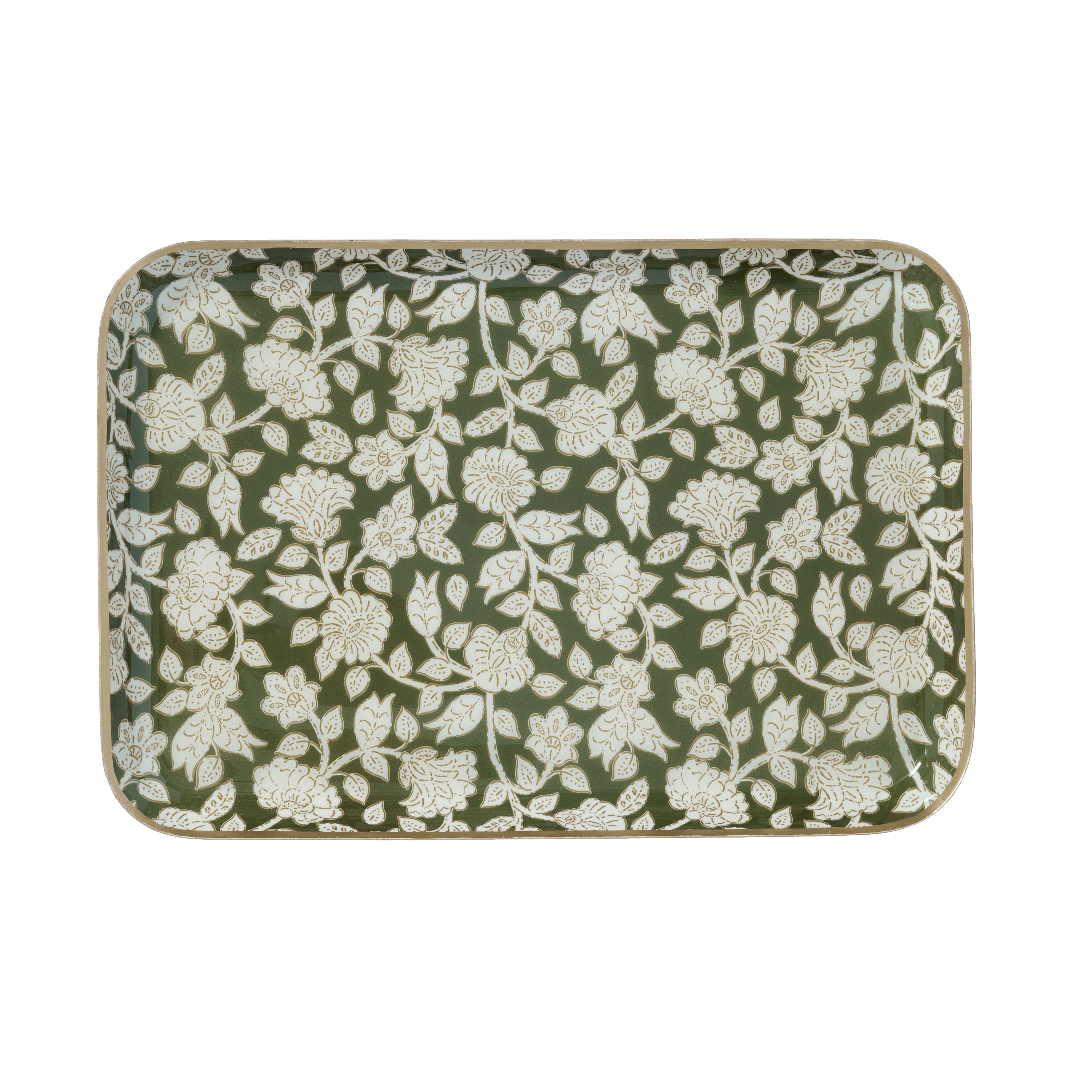 Bohemian chic floral tray in Jaya Green enamelled metal