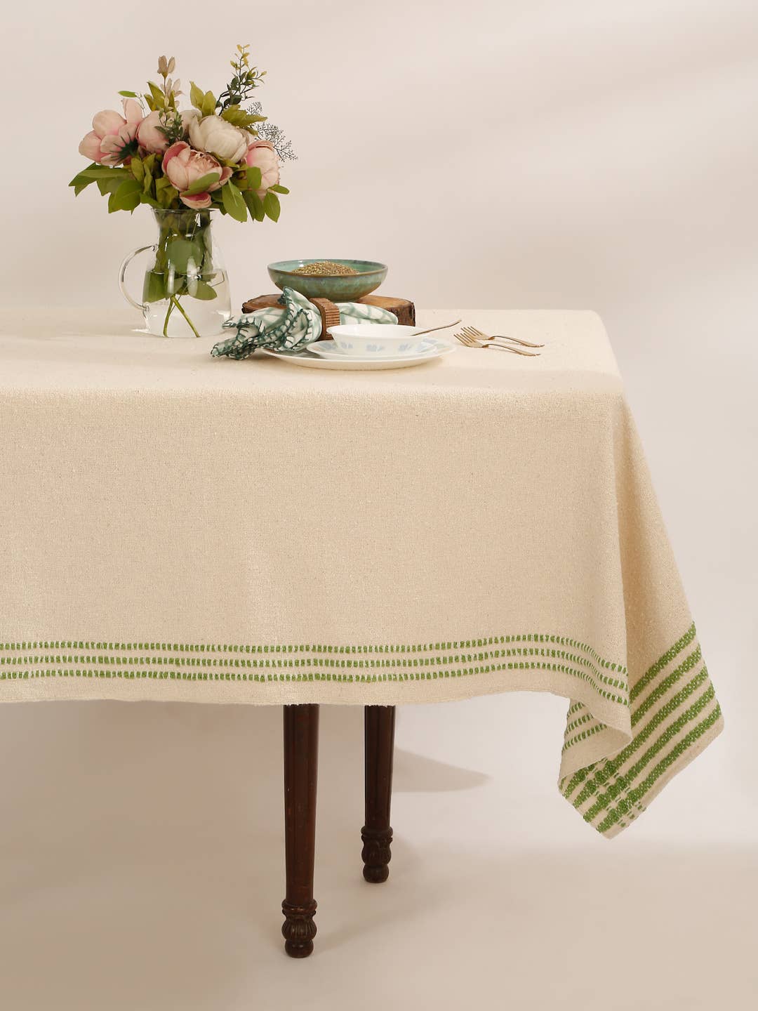 Natural & Green Cotton Boucle Handmade Table Cover