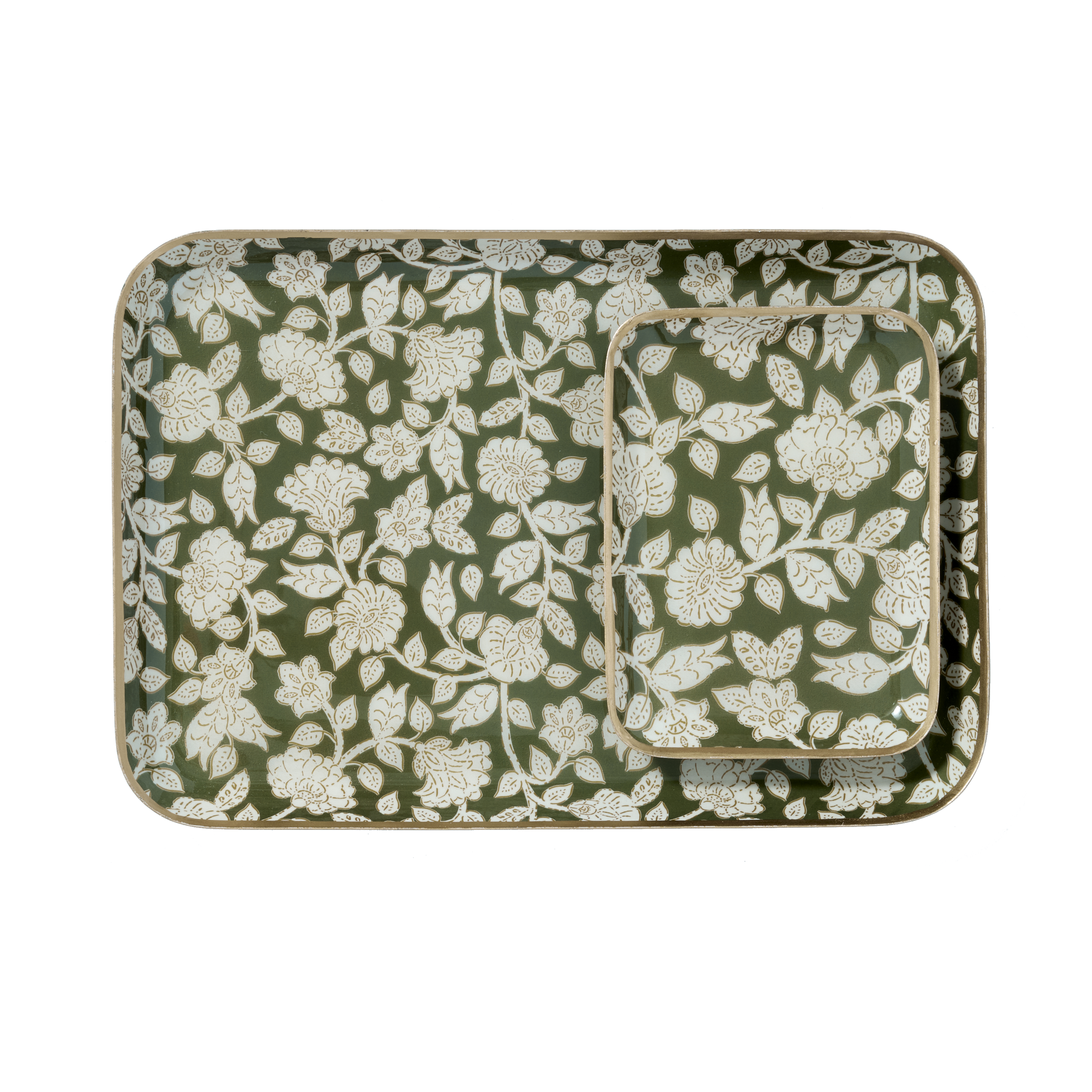 Bohemian chic floral tray in Jaya Green enamelled metal