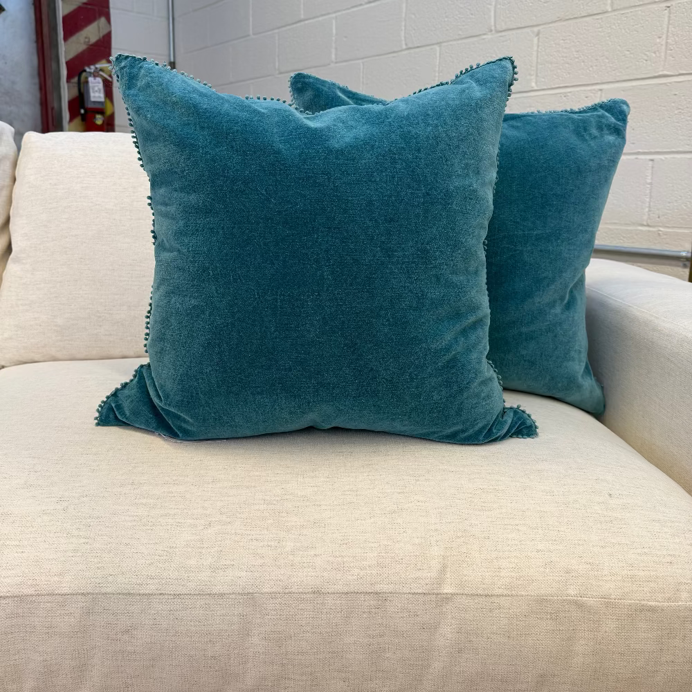 Velvet Pillow With Poms - 22"x22