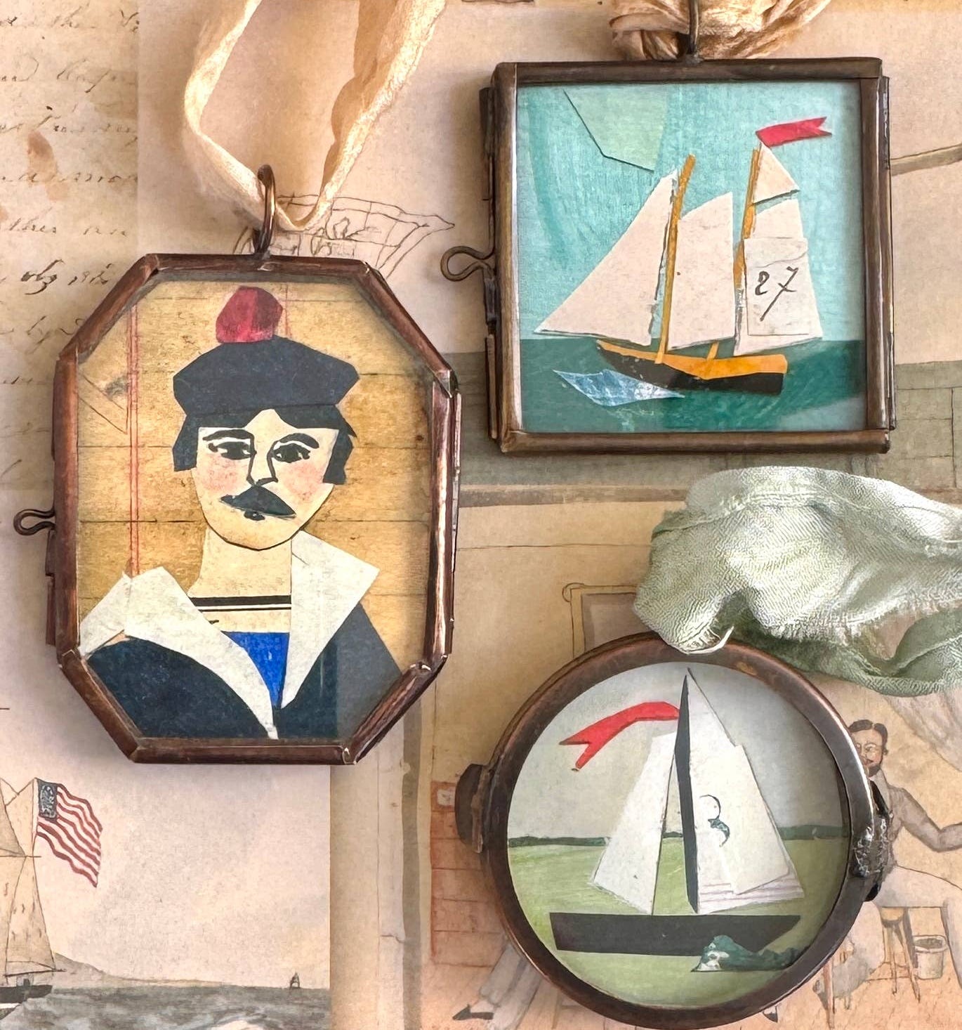 Small Sail ~ Art Locket Ornament Nautical Boat Handmade 