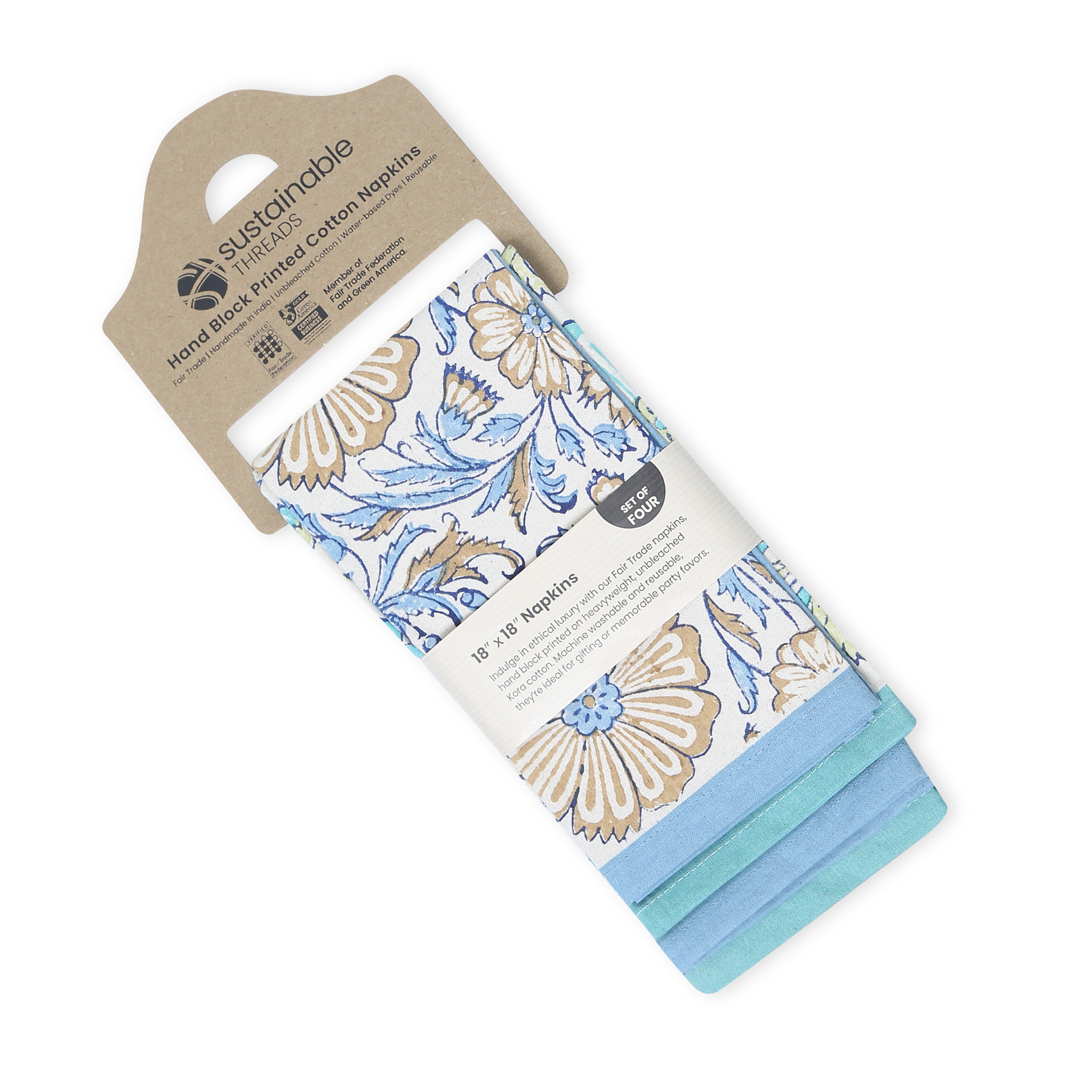 Hand Block Printed Cotton Napkins, Set of 4 | 18" × 18" | Fair Trade | Bloom