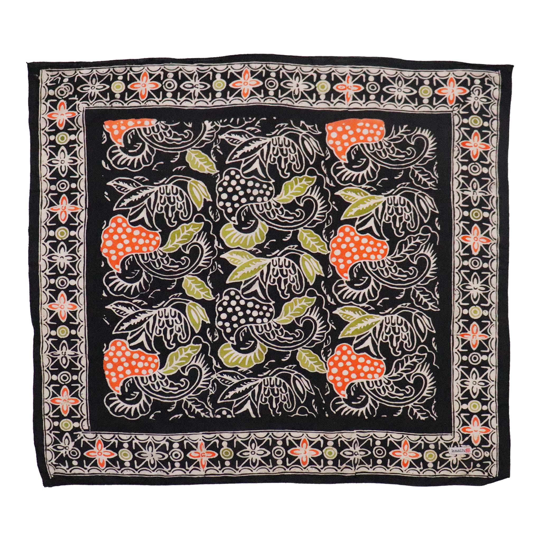 Hand Dyed Batik Bandana, 100% Soft Cotton, Dusk Petals, Black, Orange