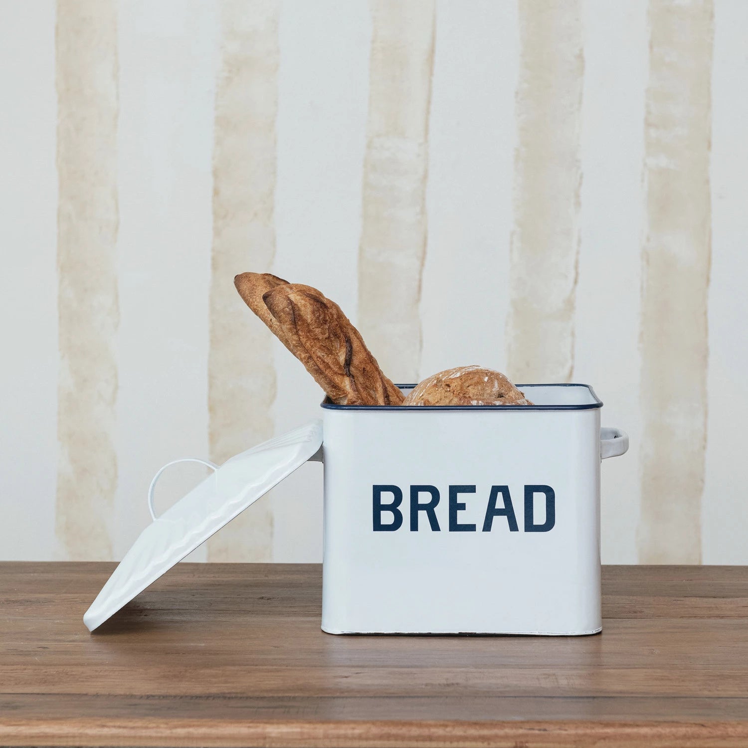 Enameled Metal Bread Box with Lid and Handles