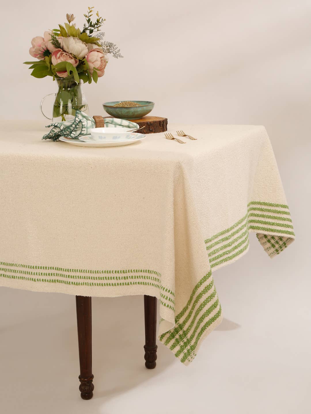 Natural & Green Cotton Boucle Handmade Table Cover