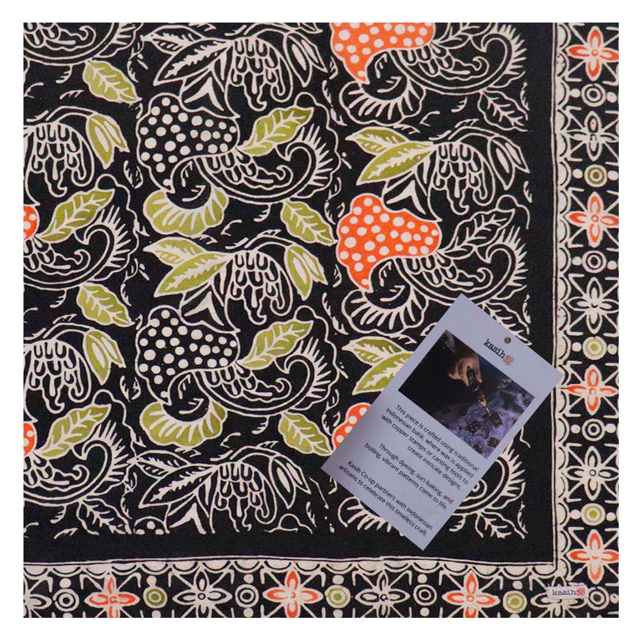 Hand Dyed Batik Bandana, 100% Soft Cotton, Dusk Petals, Black, Orange