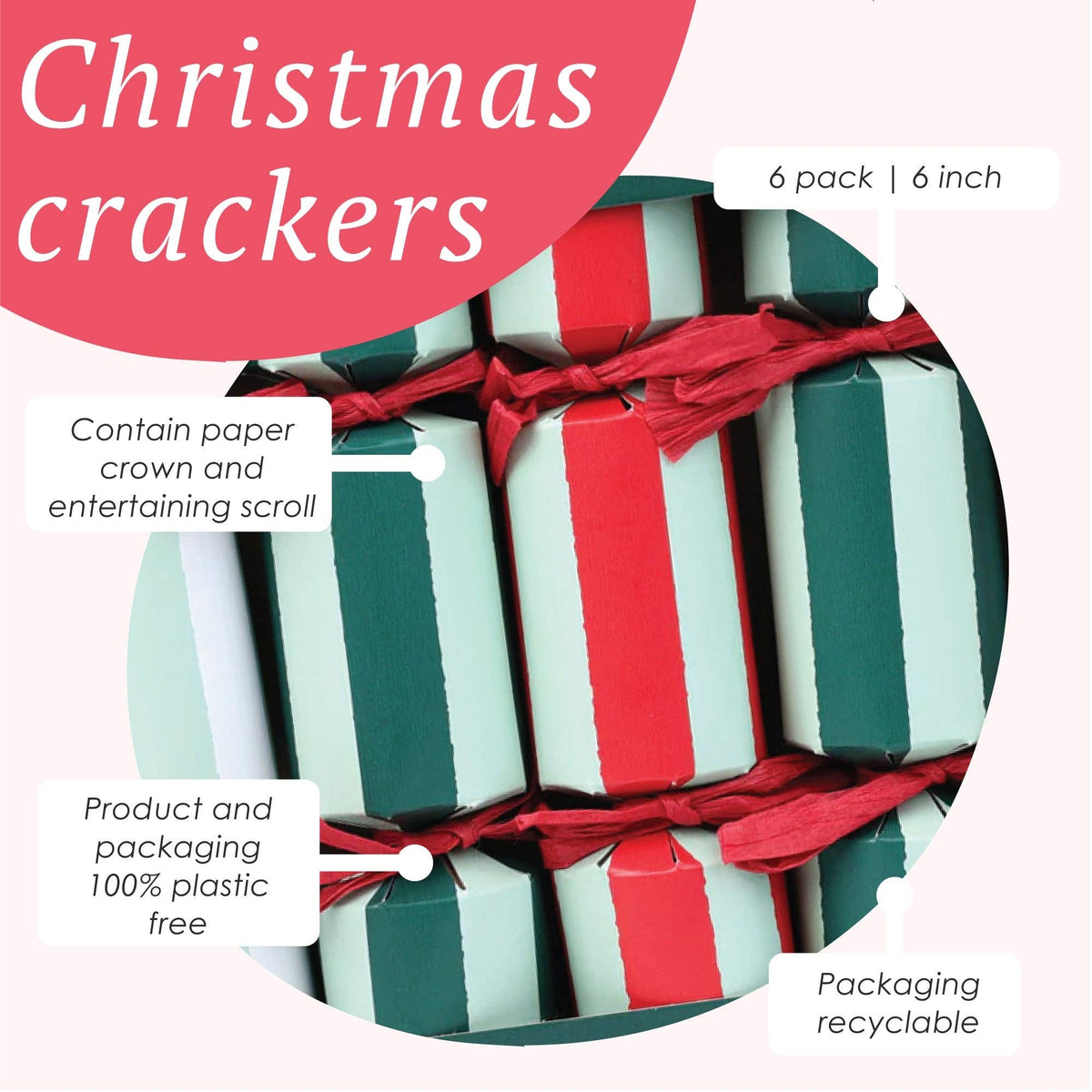 Red & Green Striped Mini Christmas Crackers - 6 Pack