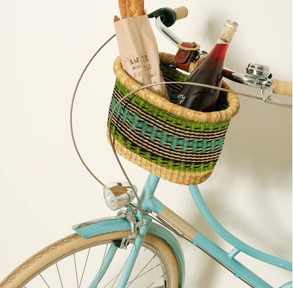 Woven Bicycle Basket - Green & Tan