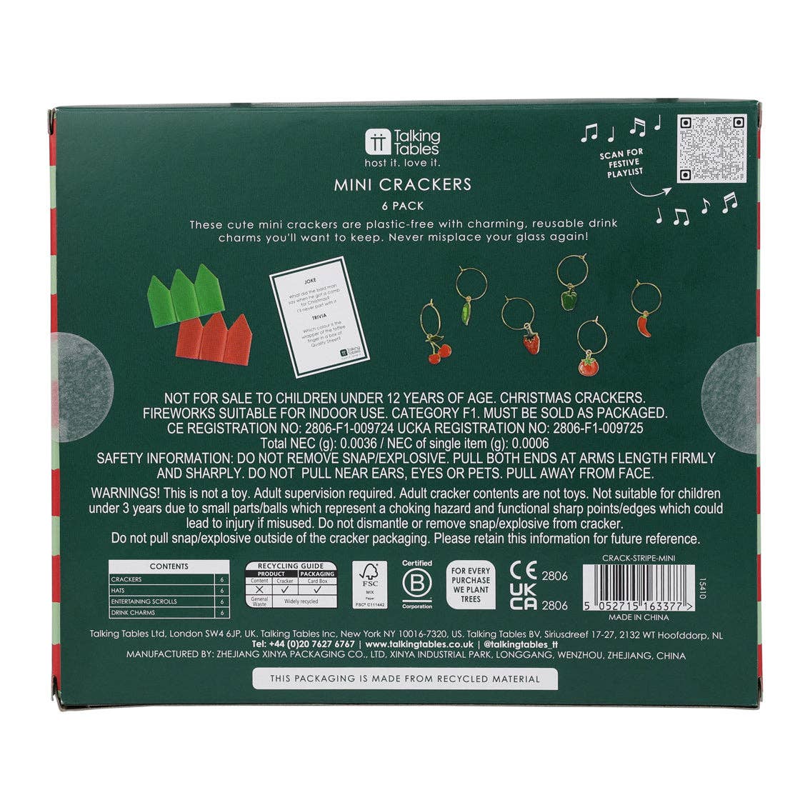 Red & Green Striped Mini Christmas Crackers - 6 Pack