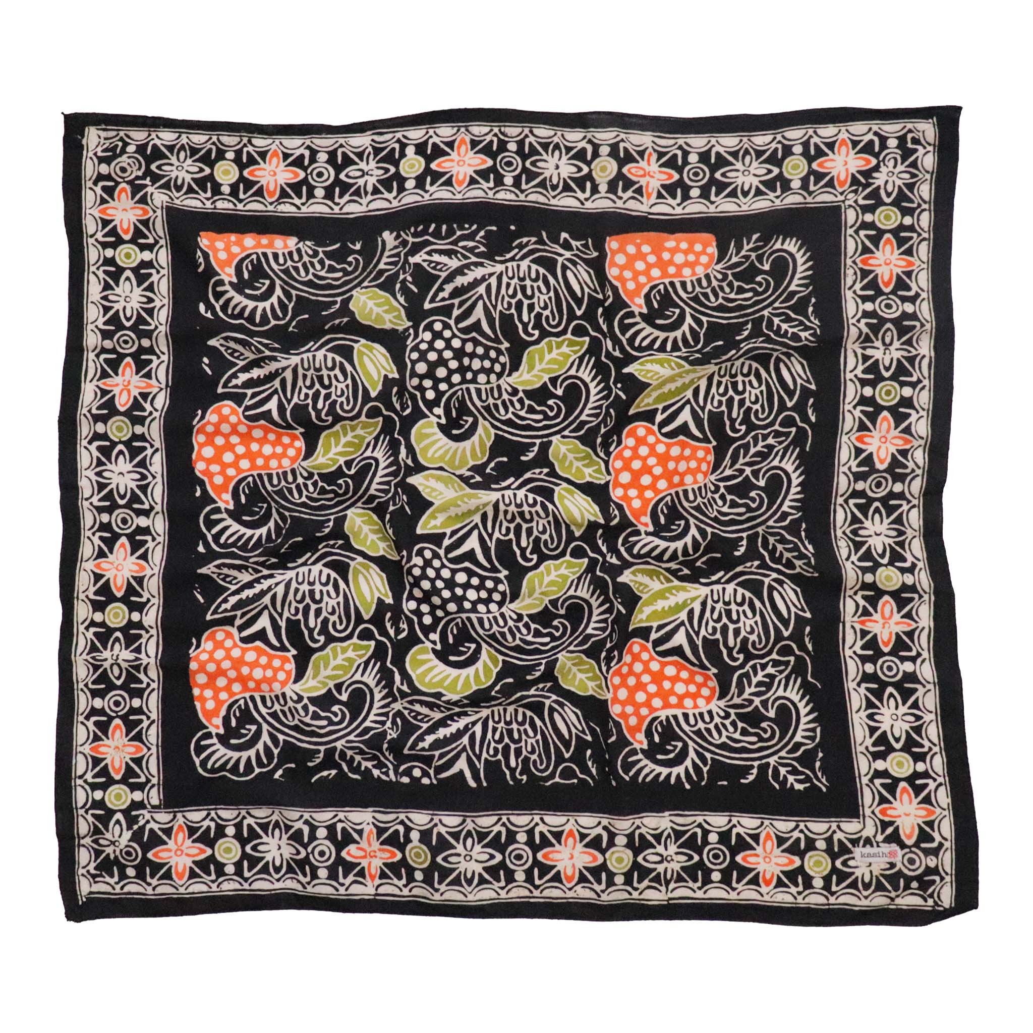 Hand Dyed Batik Bandana, 100% Soft Cotton, Dusk Petals, Black, Orange
