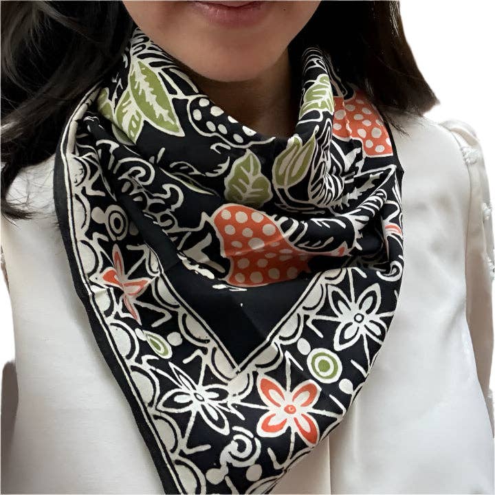 Hand Dyed Batik Bandana, 100% Soft Cotton, Dusk Petals, Black, Orange