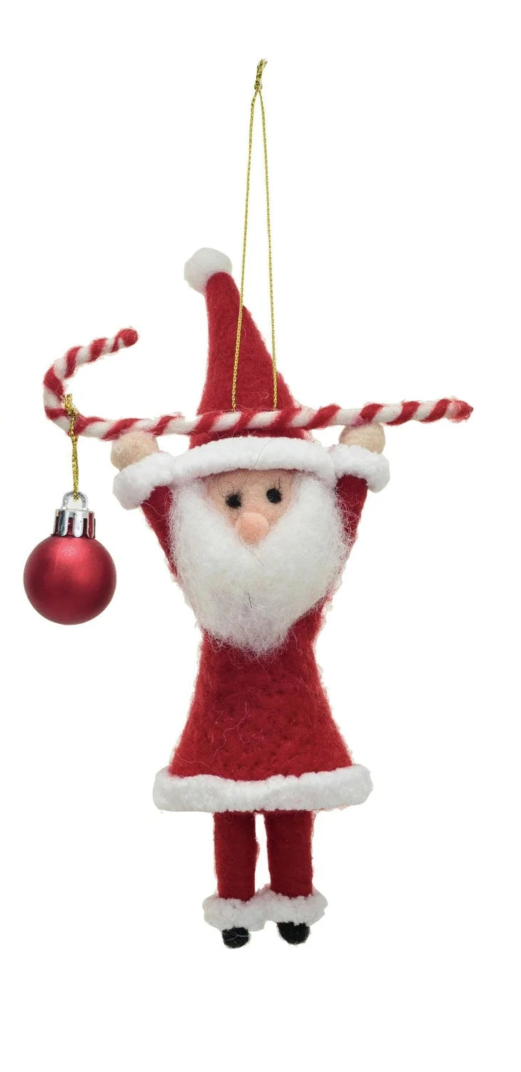 Handmade Wool Felt Santa Ornament w/Candy Cane