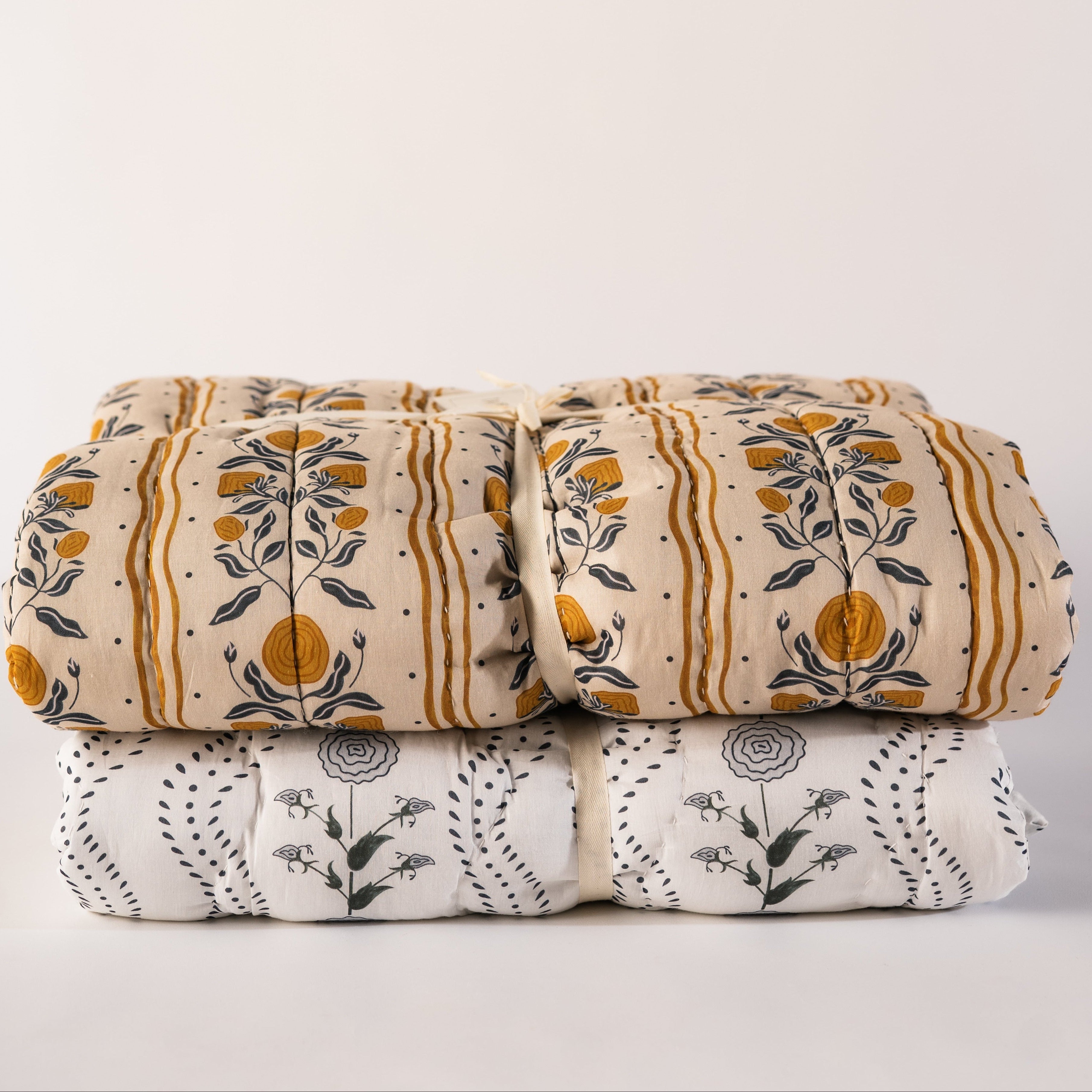 Floral Thistle Stripe Reversible Cotton Quilt