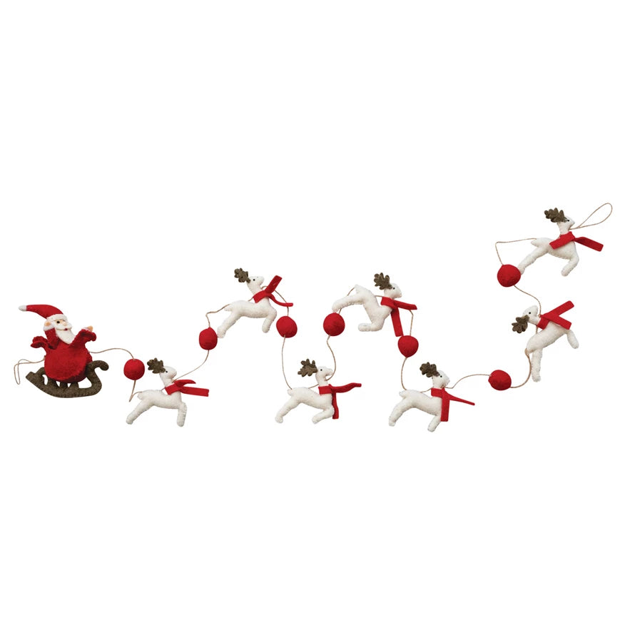 Handmade Wool Felt Santa Sleigh & Reindeer Garland