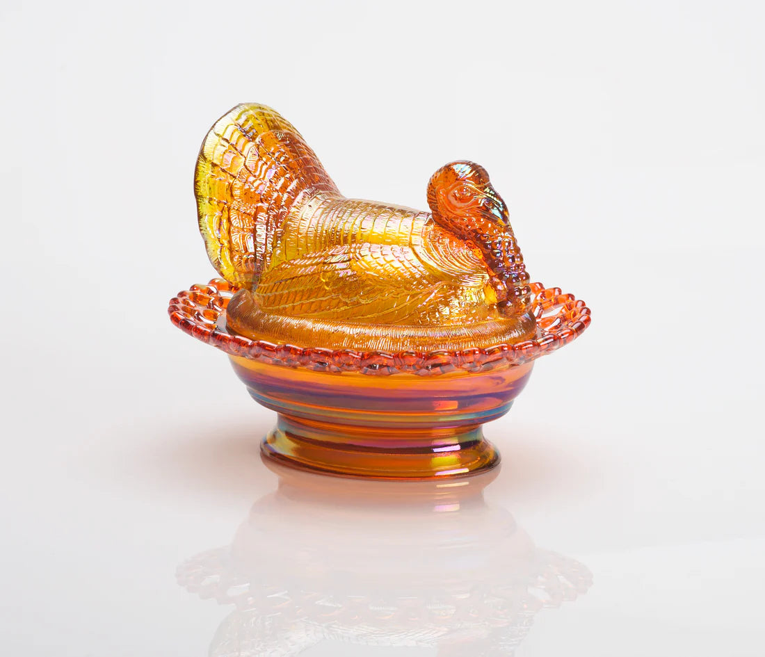 Glass Turkey on Basket Covered Dish, Marigold