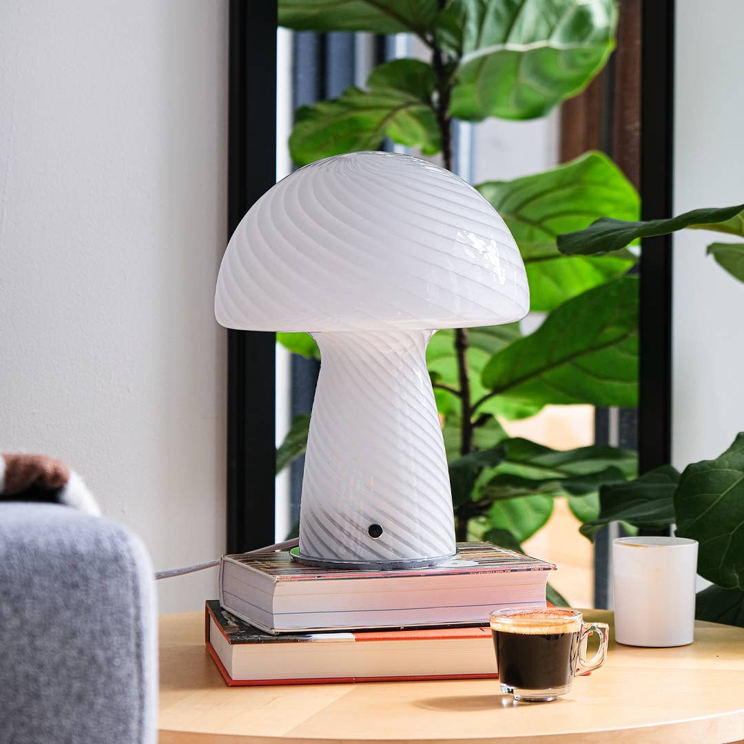 Large Glass Mushroom Lamp, White Close Top