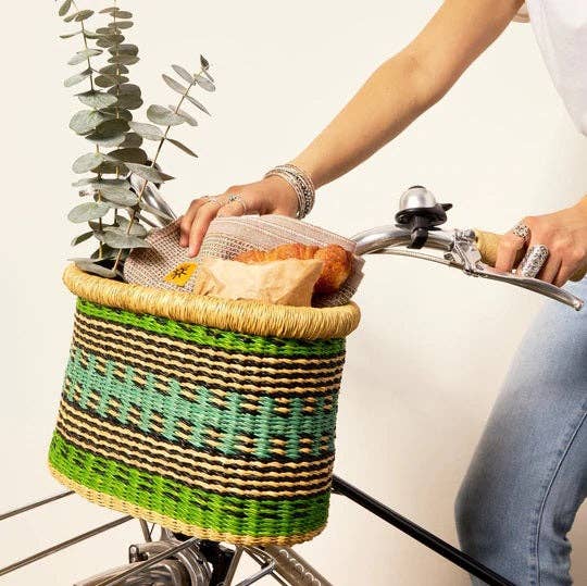 Woven Bicycle Basket - Green & Tan